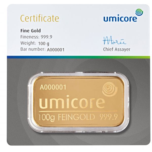 100 g - Goldbarren UMICORE NEUWARE