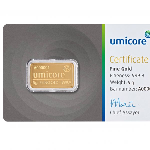 5 g - - Goldbarren  UMICORE NEUWARE 