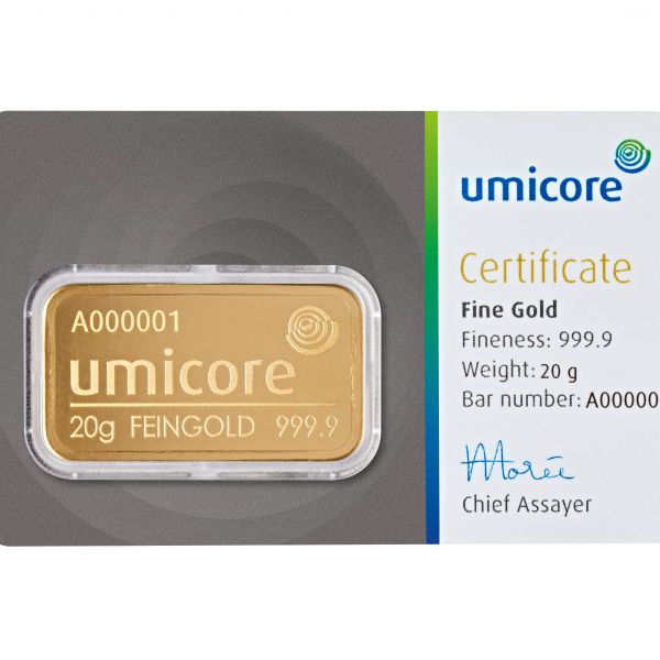 20 g - Goldbarren UMICORE NEUWARE 