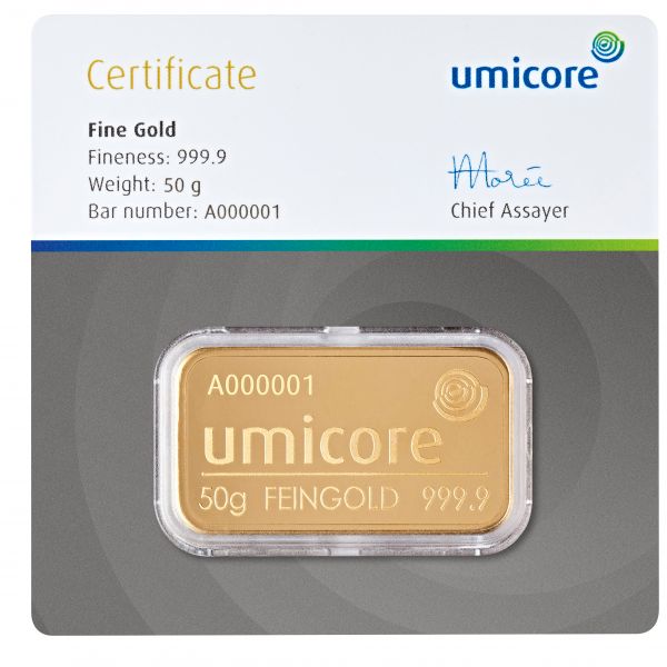 50 g - - Goldbarren UMICORE NEUWARE
